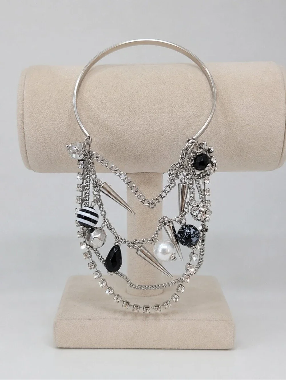 Edgy Glam Charm Bangle Bracelet Silver Tone Spikes Pearls Rhinestones